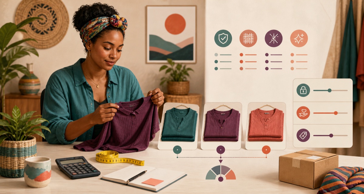 Editorial illustration of a seller comparing three second-hand tops beside a calculator, measuring tape and conceptual pricing controls.