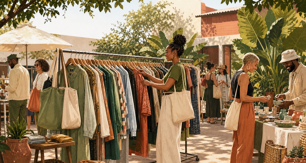 Editorial illustration of adults browsing clothing rails and handmade goods at a South African outdoor thrift market