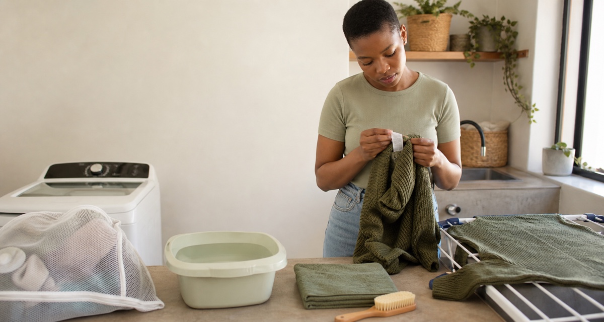 Editorial illustration of a preloved-clothing seller reading the care label on a green knit garment beside folded clothes and laundry equipment.