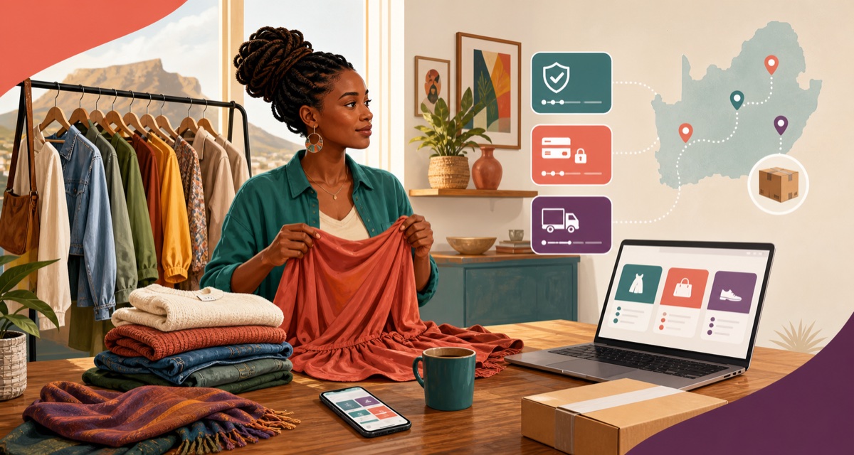 Illustration of a South African seller comparing online clothing marketplaces, payment options and delivery routes from home.
