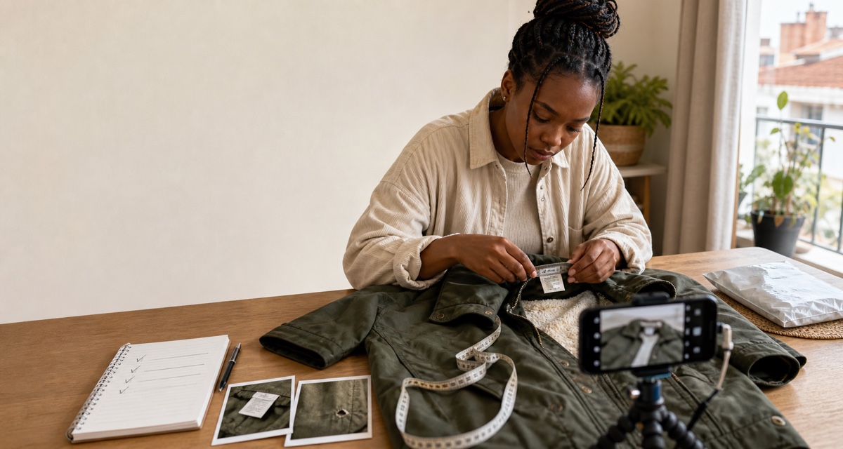 Editorial illustration of a South African clothing seller inspecting a jacket's label and measurements while photographing its condition and a visible flaw.